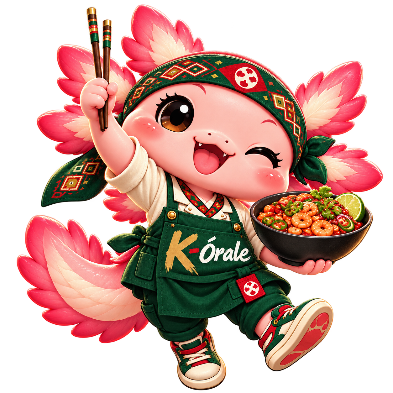 Aji, the pink K-Órale mascot wearing a green uniform