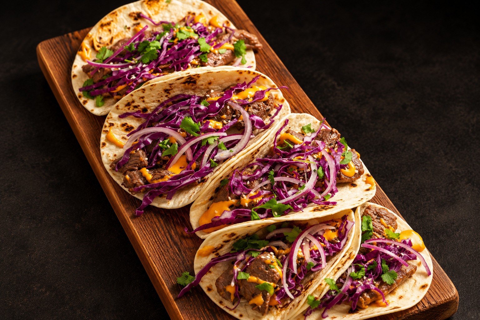 Korean taco selection in cinematic light