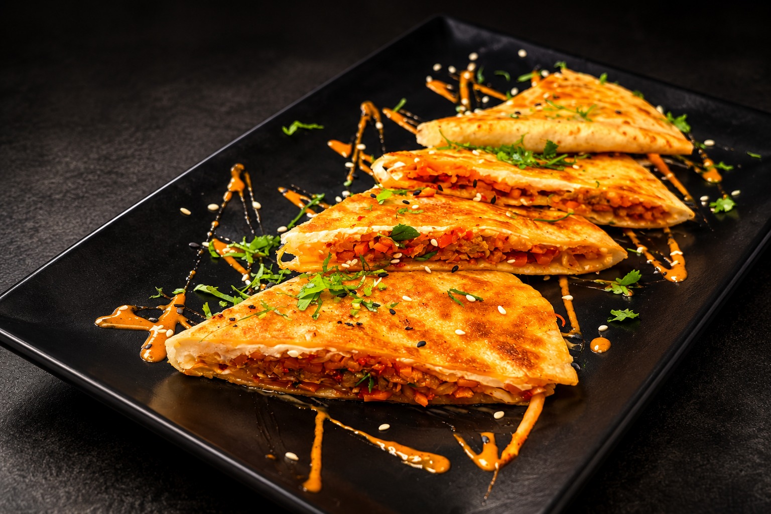 Kimchi Beef Quesadilla in cinematic light