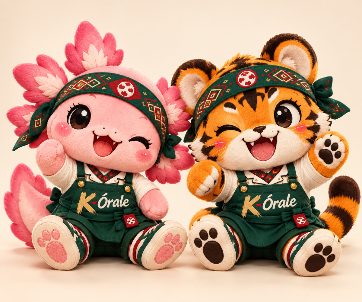 Aji and Hoshi plush toys sitting side by side in their green K-Órale aprons