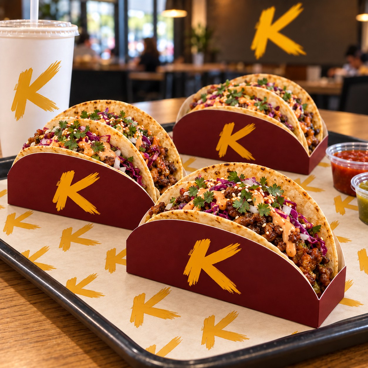 Tacos served in K-Órale holders with the gold K on a tray